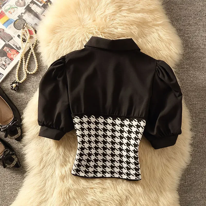 Polo Collar Stitching Houndstooth Shirt Women\'s Summer Design Sense Niche Pure Desire Sweet Hot Girl Short Puff Sleeve Top