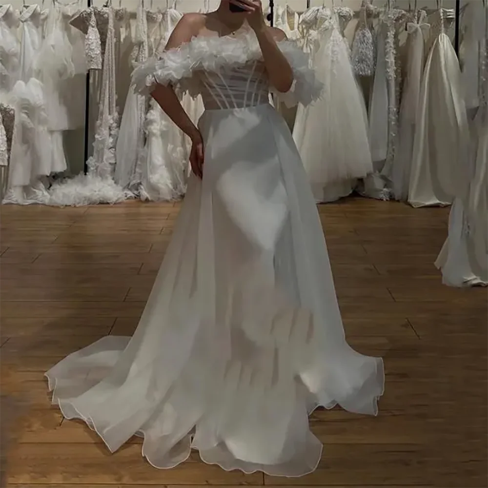 

Classic Off Shoulder Tulle Sleeveless A-Line Bride Wedding Dresses Bridal Gowns Customized