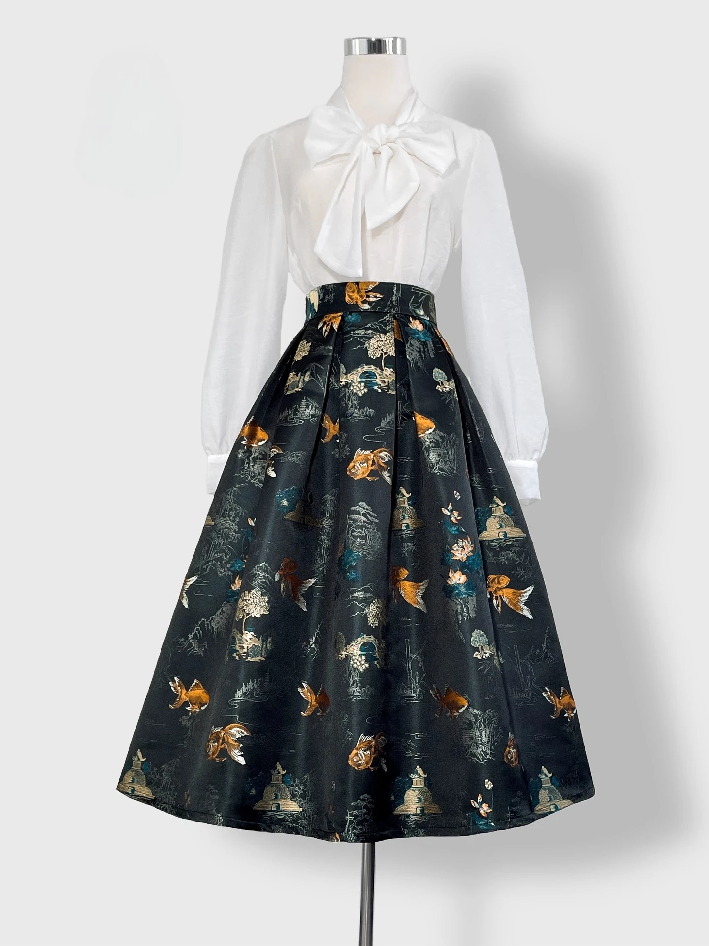 Nowa damska spódnica na wiosnę i jesień, modna spódnica w stylu chińskim, żakardowa, rozkloszowana, puszysta spódnica do pracy.