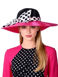 FS Elegant Women Wide Brim Rose Black Patchwork Polka Dots Kentucky Hat For Wedding Party Hat Big Bowknot Fedora Beach Cap