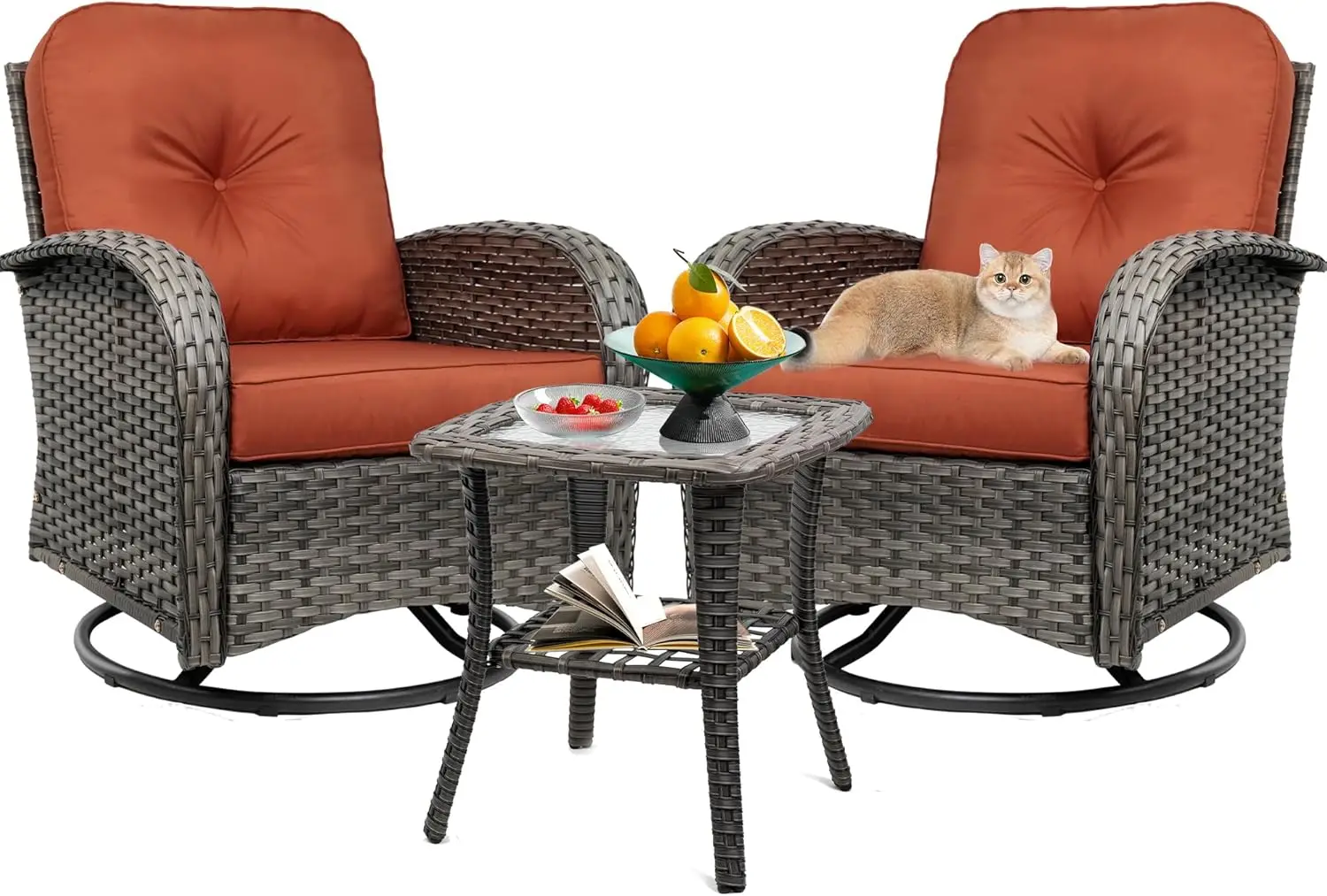 طقم هزاز دوار مكون من 3 قطع مع وسائد، خارجي 360 درجة °   كراسي هزازة وطاولة زجاجية، حديقة بيسترو