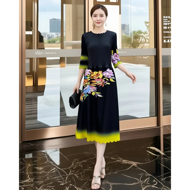 

Miyake Pleated Printed Dresses Plisse Personalized Evening 2026 Spring New Loose Plus Size Casual Half Sleeve Fold Long Dresses