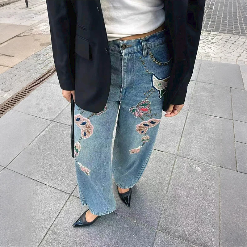 

Vintage Embroidered Bird Peony Heavy Beadwork Rivet Denim Shorts High Waist Cotton Spring Summer Women's Premium Jeans
