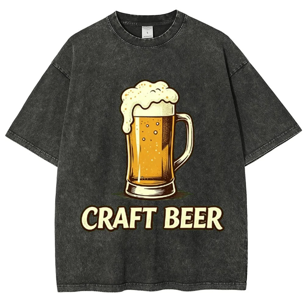 Washed Black T-Shirt Men Craft Beer Graphic Print Oversized Short Sleeve Crew Neck Casual