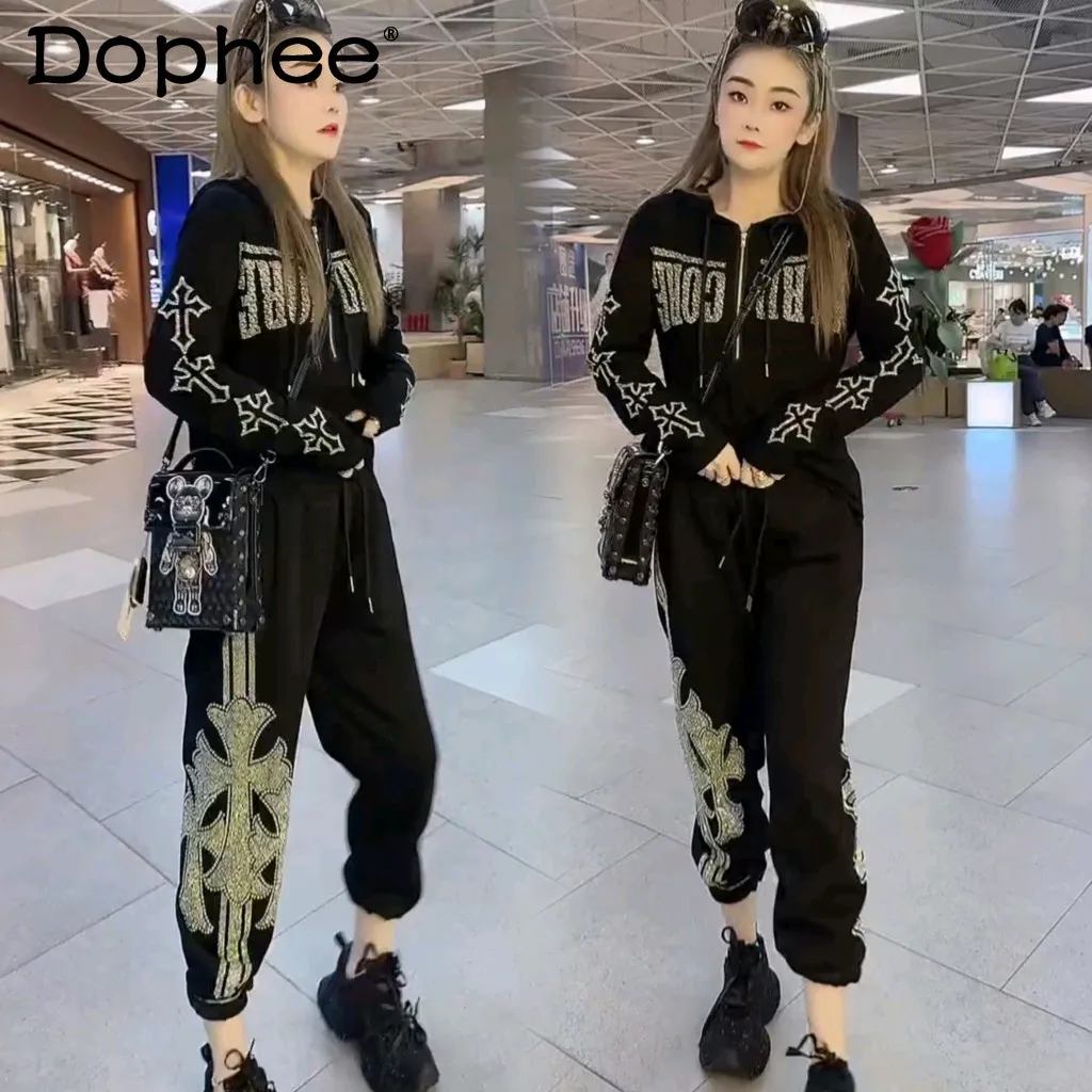 

European Goods Autumn Heavy Industry Hot Diamond Big Wings Black Long-sleeved Hoodie Top and Pants Casual Two-piece Sets Women