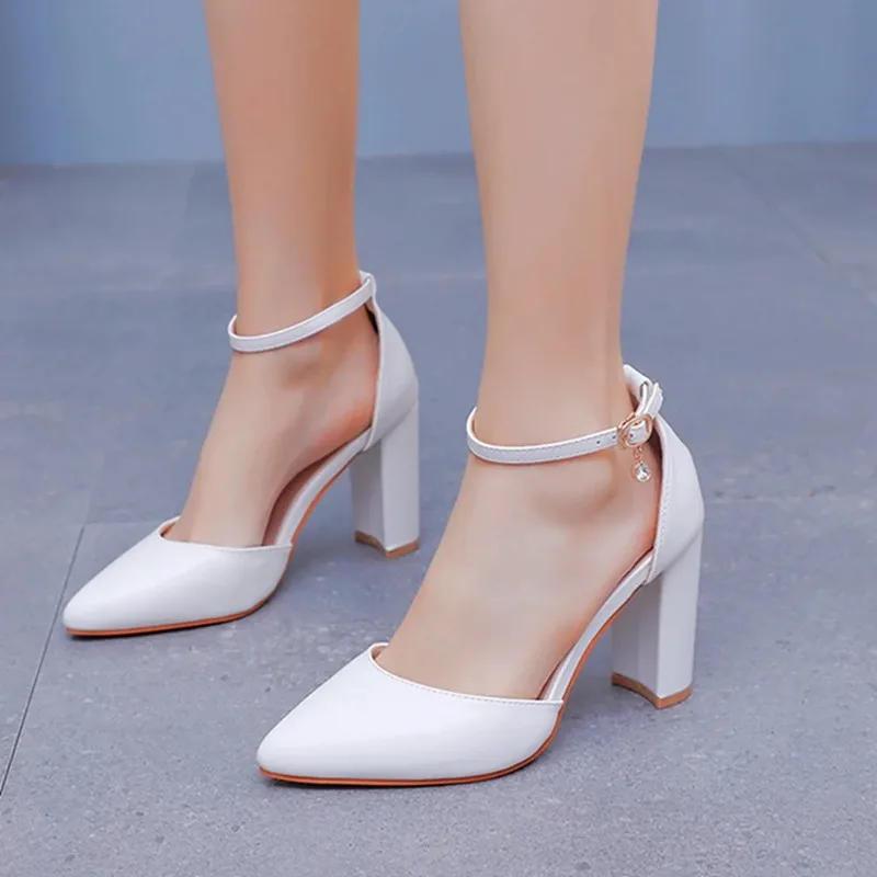 Summer Women Pumps Sandals Fashion Leather Open Toe Solid Wedding PU 9.5CM Square Heels High Quality Woman Shoe