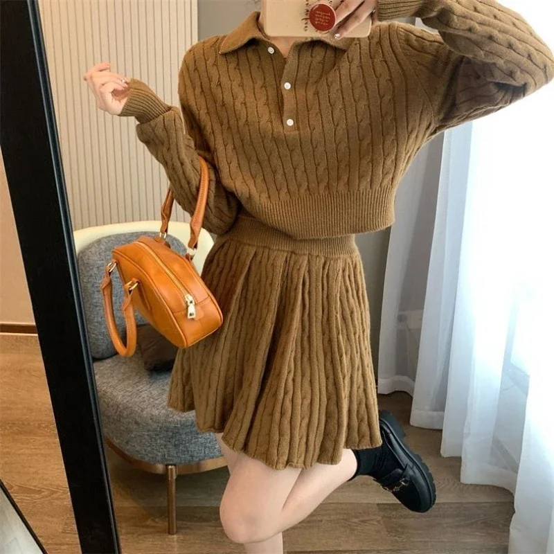 

Sweater Short Dresses Women Autumn Fashion Preppy Style Knit Two Pieces Set Female Casual Solid Color Pleated Skirt Suit Z351