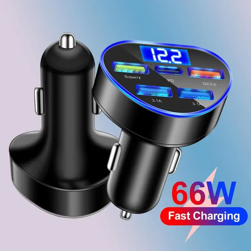 

66W 5 In 1 USB Car Charger Type C PD QC 3.0 Jack Fast Charging Adapter Led Voltage Display Fast Charging Car Phone Charger