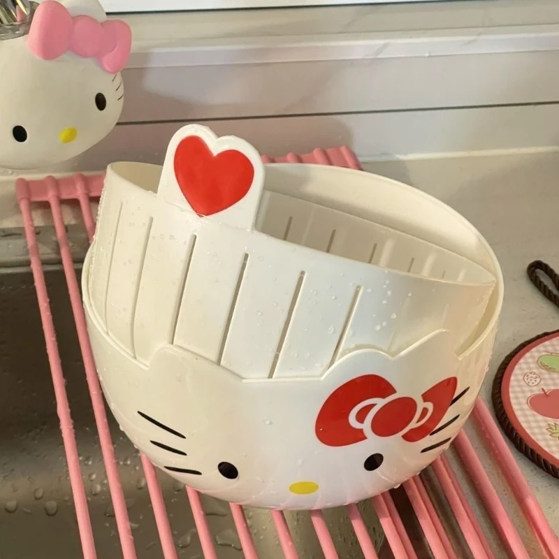 Sanrio New HelloKitty Kawaii Anime Cartoon Fruit Plate Drain Basket Round Kitchen Wash Vegetables Fruit Good Looks Fashion Trend view 2