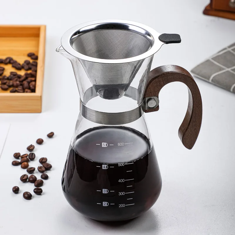 Hand Brewed Coffee Pot Sharing Pot Thickened Wood Handle with Graduated Drip Pot Coffee Filter Cup Set,600ml