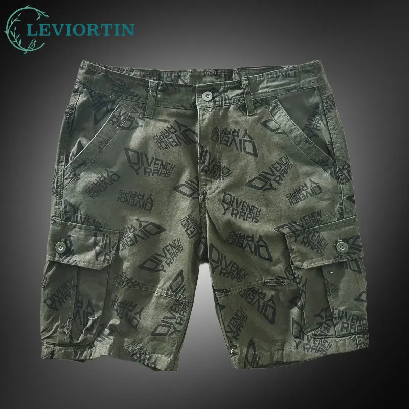 Men's Summer Outdoor Cargo Shorts with Multi Pocket Unix Style Cotton Wash Casual Full Letter Print Workwear Short Pants Man
