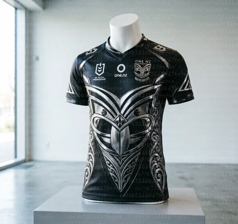 Familien-Partnerlook: Warriors Maori Tribal Metallic Print Rugby-Trikot, Oversized, Schwarz, mit Koru-Muster, Nummer 1, Mesh-T-Shirts – Detail 4