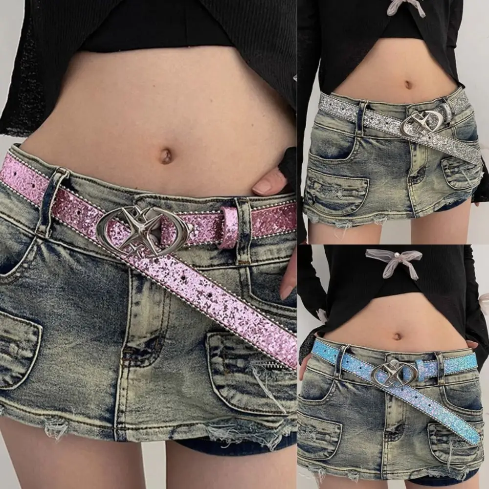 เข็มขัดประดับเลื่อม Y2K เข็มขัดสำหรับผู้หญิงที่ปรับได้พันปีอเนกประสงค์เข็มขัดตกแต่งยีนส์สไตล์ cewek seksi