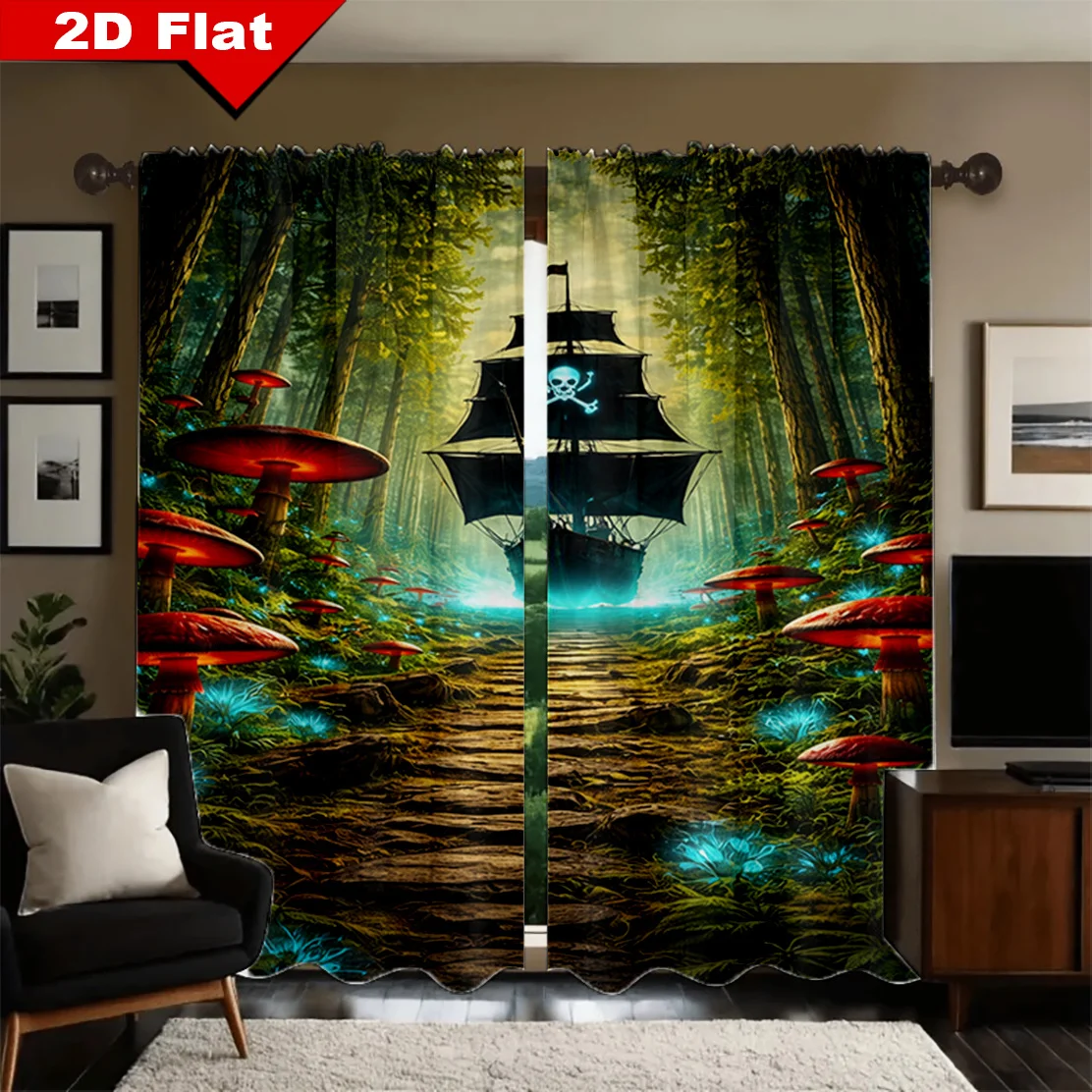 Gothic Fantasy Pirate Forest Print Curtains Pair Window Drapes Dark Woodland Adventure Ship Decor Home Curtain Panels