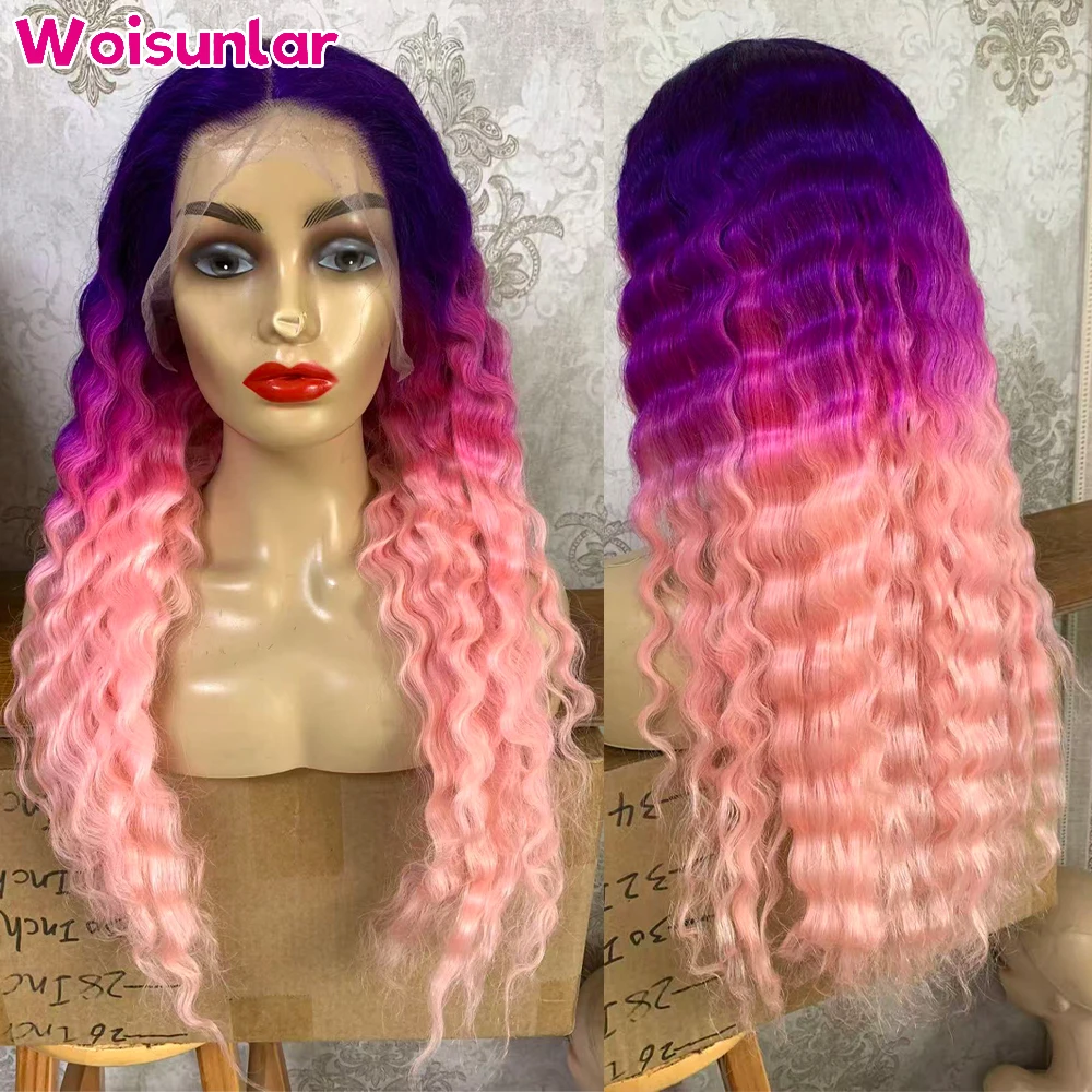

ombre purple and dark pink and pink Front Lace wigs deep wave human hair 13x6 Transparent Lace For Women Natural Human Hair