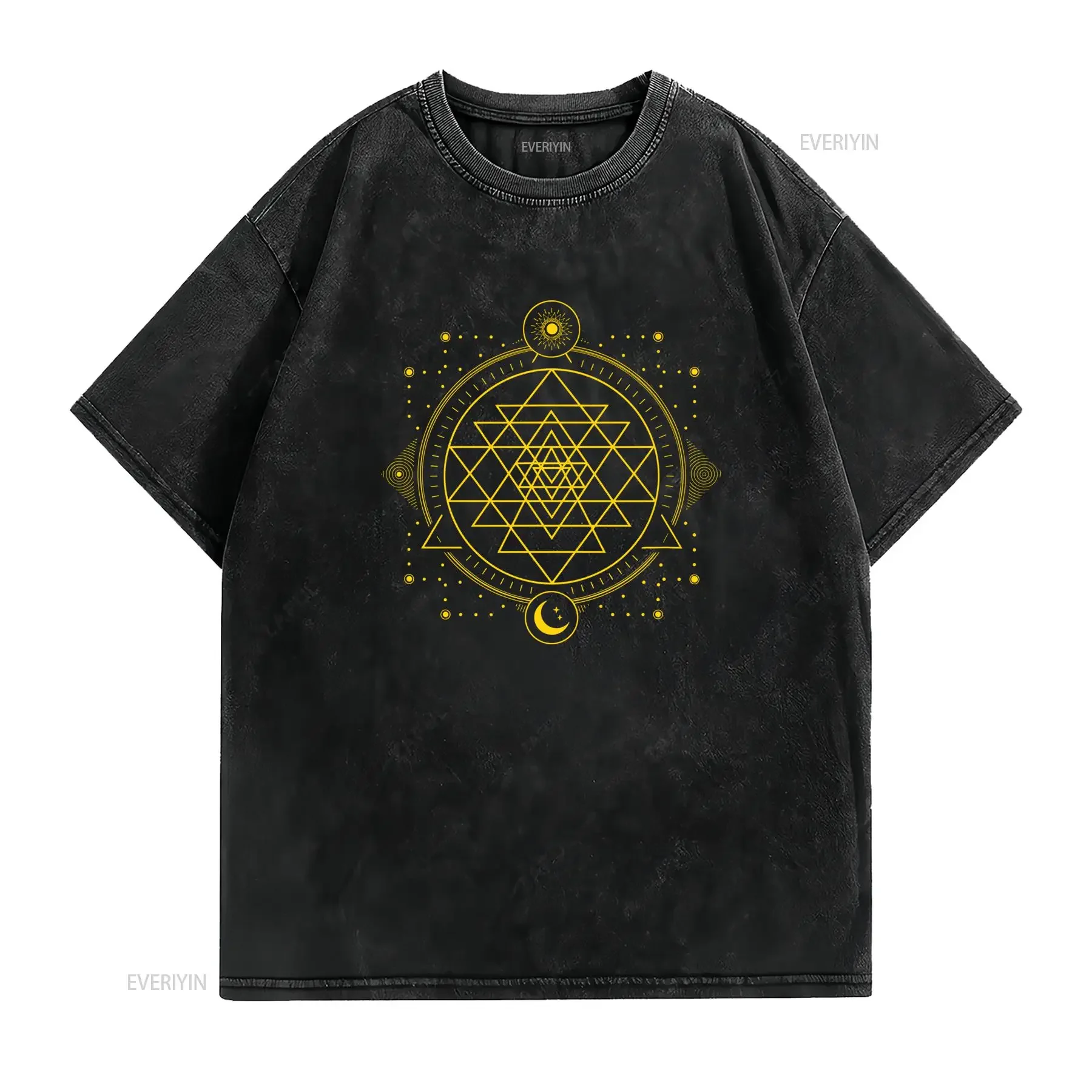 Mystic Sacred Geometry Sri Yantra Sun Moon Print Casual Spiritual Boho T Shirt vintage Washed fashion Comfortable Breathable