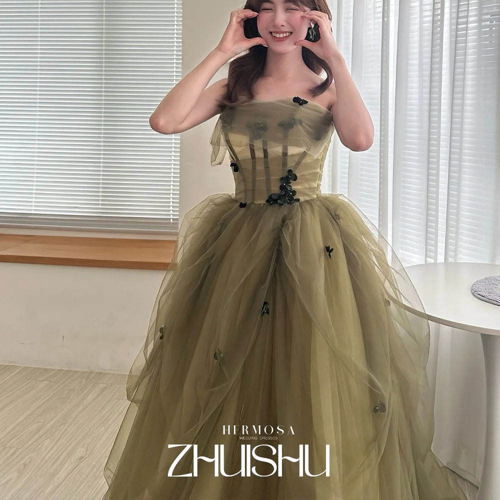 

ZHUISHU Fairy Olive Green Evening Dress Korean Garden Wedding Dresses Photo Shoot Strapless A line Party Dress Corset Customized