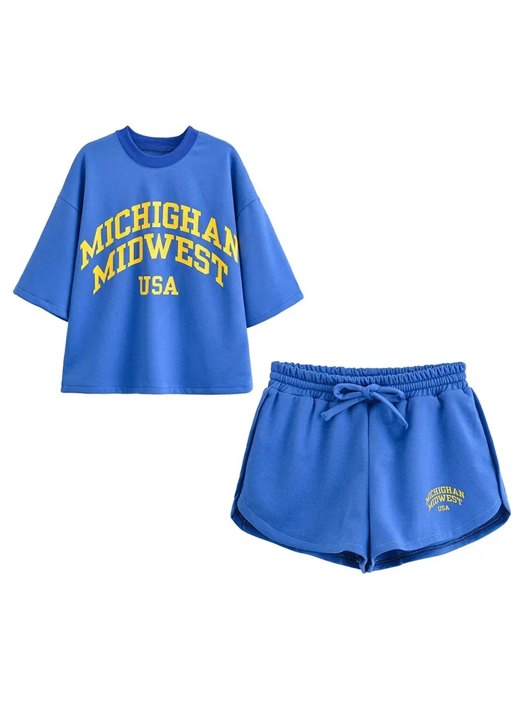 Preppy Style 2 pièces bleu ensemble court pour femmes effet délavé texte coton manches courtes sweat et cordon de serrage ceinture Shorts