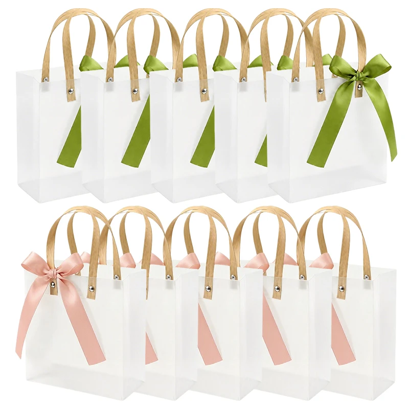 Paquete de 10 Bolsas de Regalo Transparentes Esmeriladas con Asas de Listón, Diseño de Lazo Verde y Rosa, para Bodas, Cumpleaños, Fiestas, Decoración ZYF