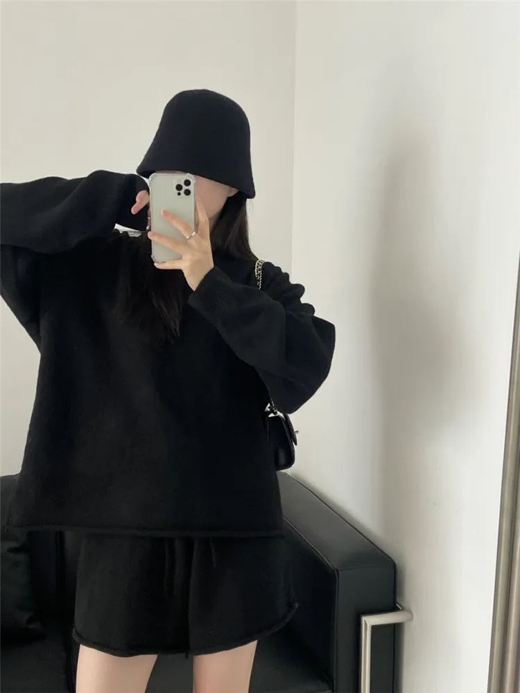 Korean Chic New Fall Winter Knitted 2 Pieces Sets Lazy Oversize Black Beige Grey Loose Sweater Pullover+Mini Shorts Casual Suits