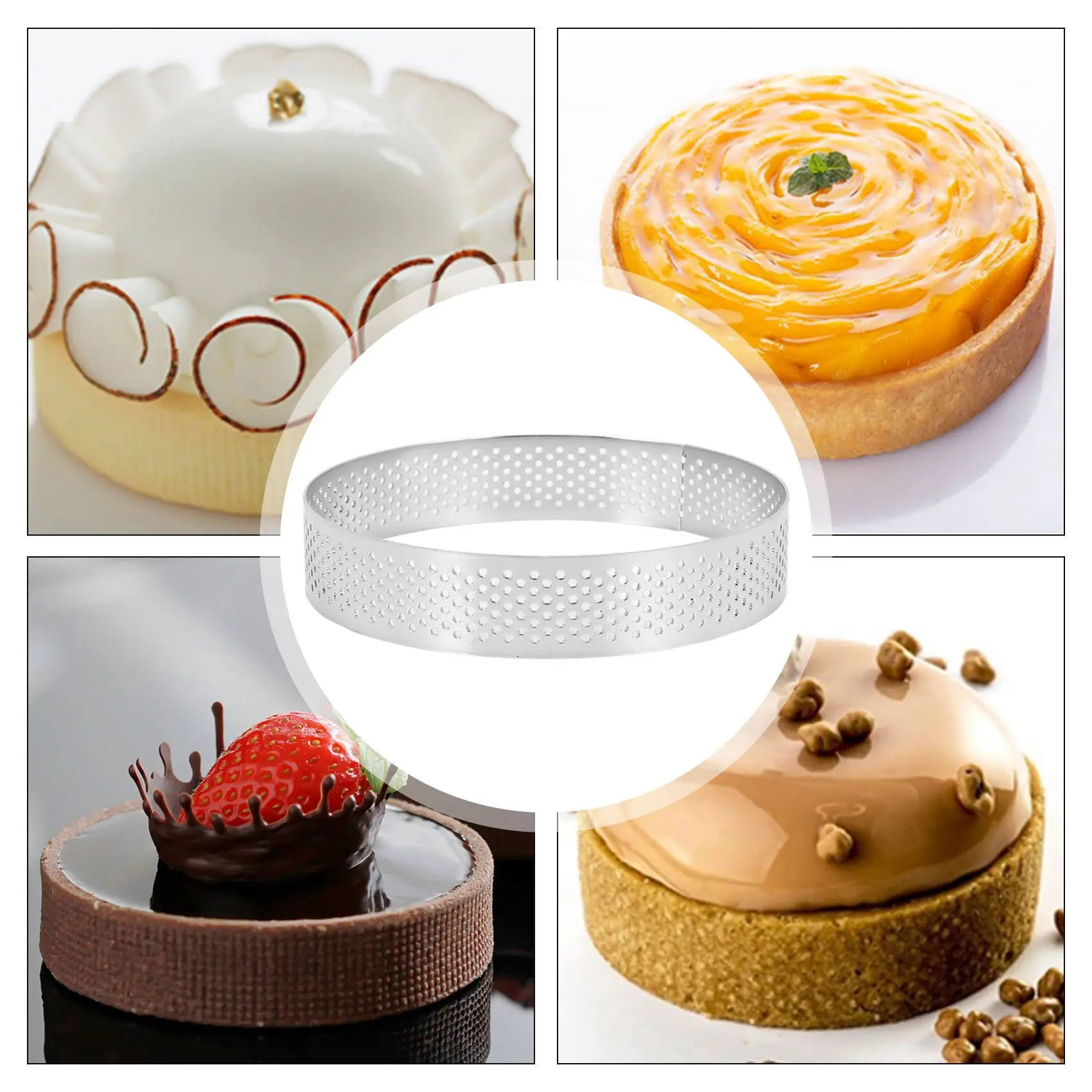 4 Pcs Circular Porous Tart Ring Bottom Tower Pie Cake Mould Baking Tools Heat-Resistant Perforated Cake Mousse Ring,10cm image 4