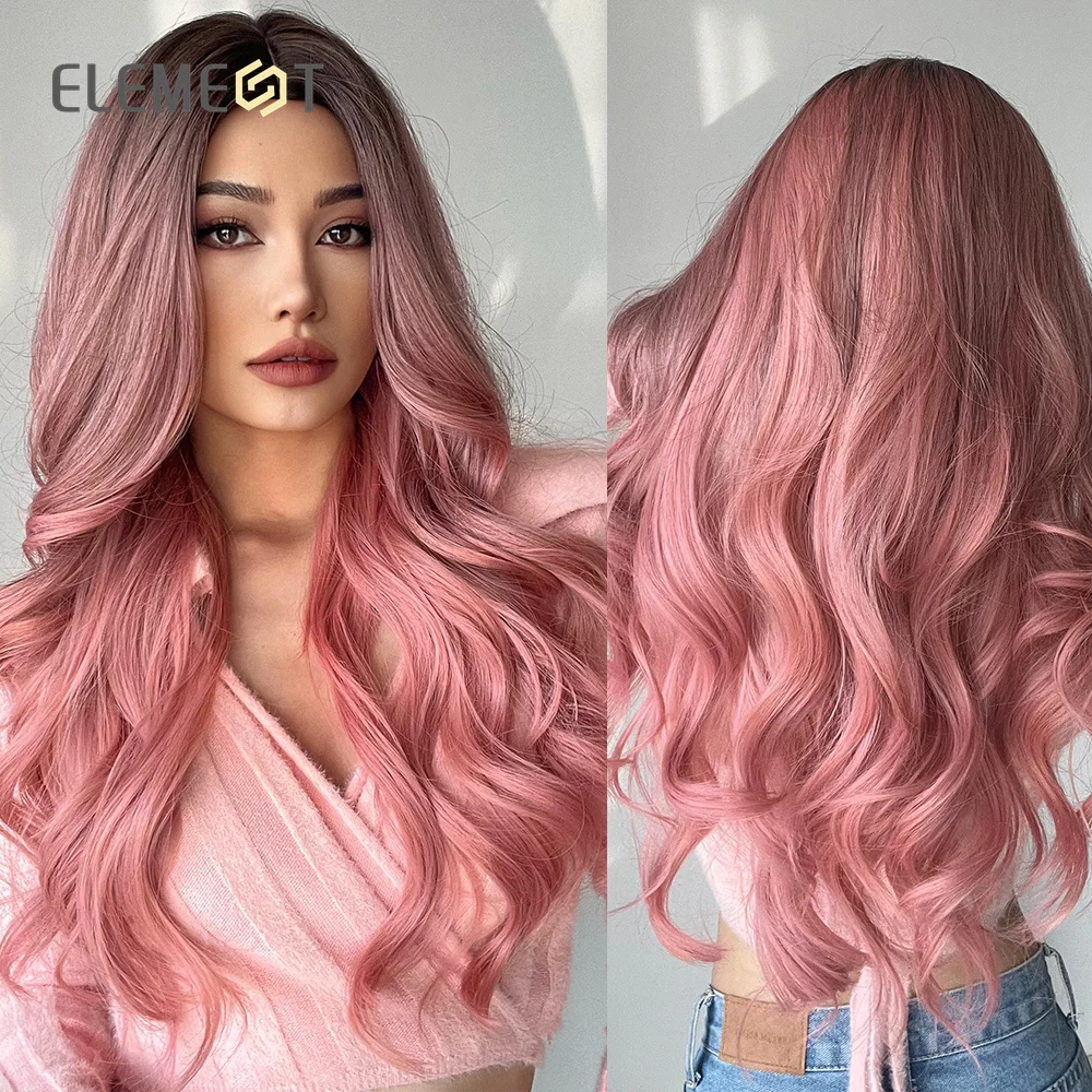 ELEMENT Peruki syntetyczne dla kobiet Ombre Black to Pink Dark Roots Długie faliste Impreza Codzienne użytkowanie Włókno termoodporne Moda Naturalny