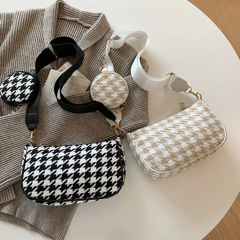 Female Vintage Plaid Printing Shoulder Bags with Mini Round Purse Pendant Women Bags Casual Small Crossbody Bags 2pcs Composite