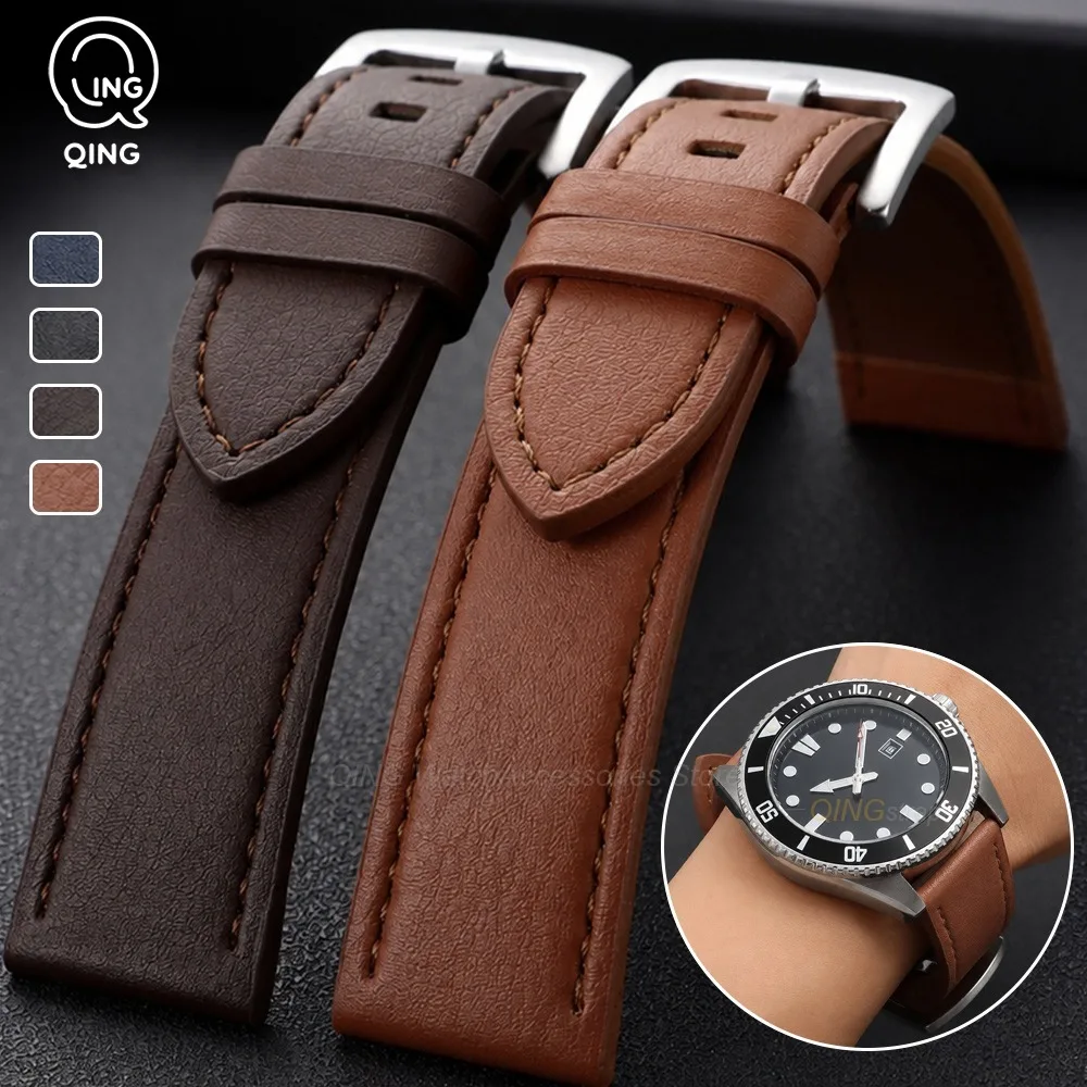 22mm Black Brown Leather Watchbands Vintage Bracelet for Seiko Band Men Women Sport Straps Universal Wristband Watch Accessories