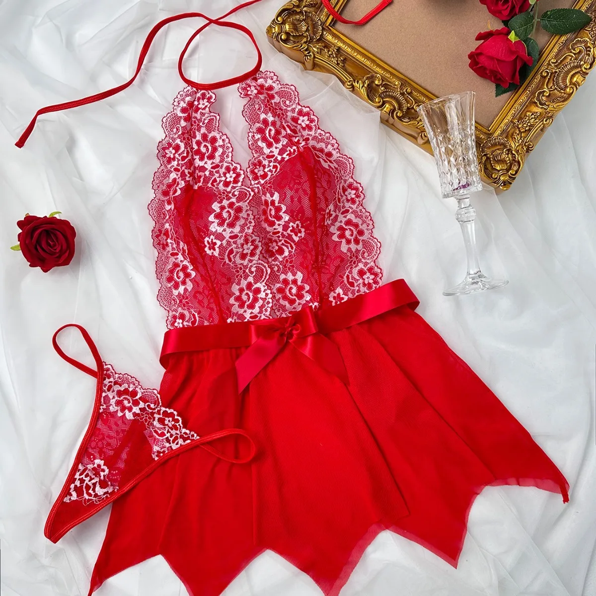 

Сексуальное новое кружевное сетчатое нижнее белье, женская пижама с подвеской в полночь, разноцветный костюм-стринги, женская пижама с лямкой на шее, талии и бантом