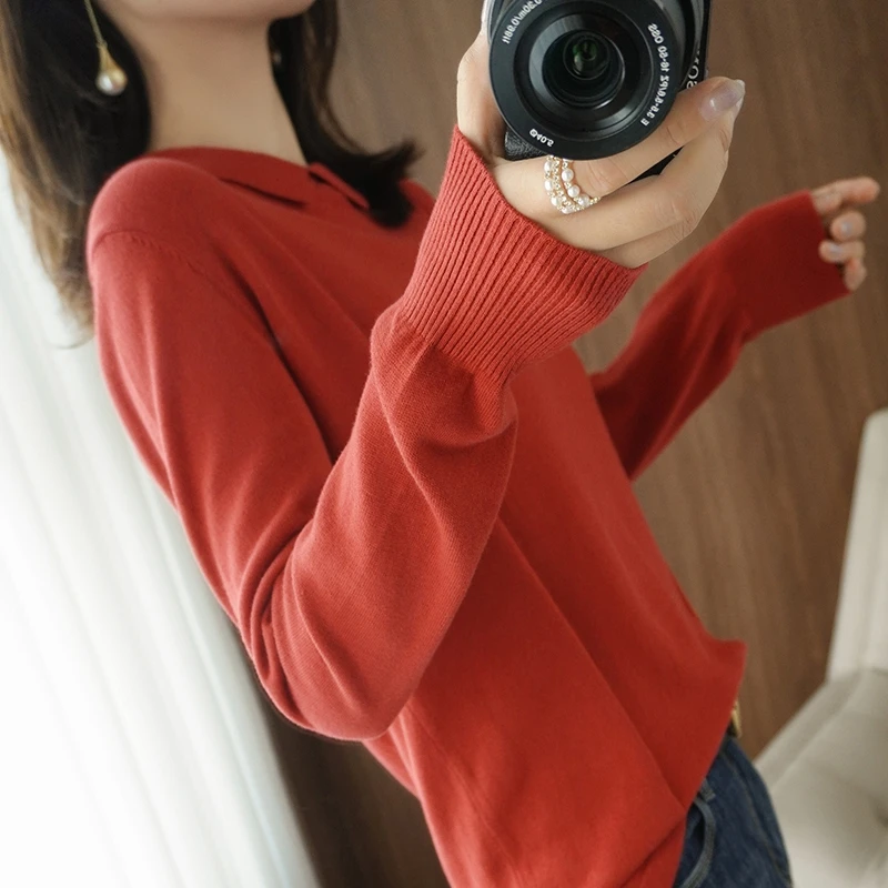 Women's Pullover Spring/Autumn New Style 100% Cotton Sweater Casual Solid Knitwear Ladies' Tops Loose Doll Collar Basic Blouse