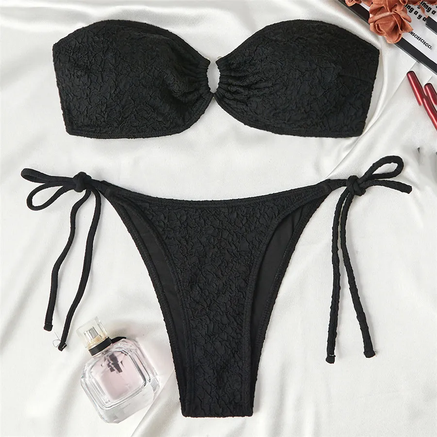 Green Bandeau Bikinis Sets De Mujer Metal Ring Texture Solid Swimwears Lace-up Micro Thong Sexy Swimsuit Women 2025 Biquinis