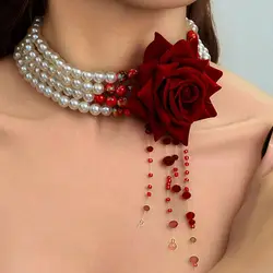 PuRui Gothic Elegant Rose Rose Imitation Pearl Neck Woman Trendy Multilayer Blood Tassel Crystal Clavicle Necklace Jewelry New
