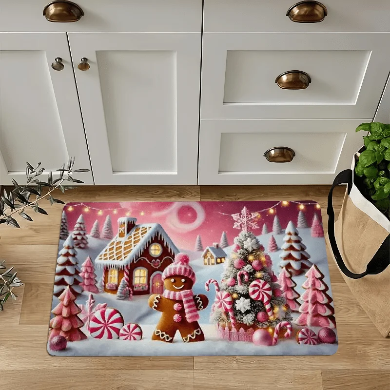 VIKAMA Christmas Gingerbread Kitchen Mat Pink Candy House Peppermint Rug Washable Non Slip Floor Mat Home Decoration
