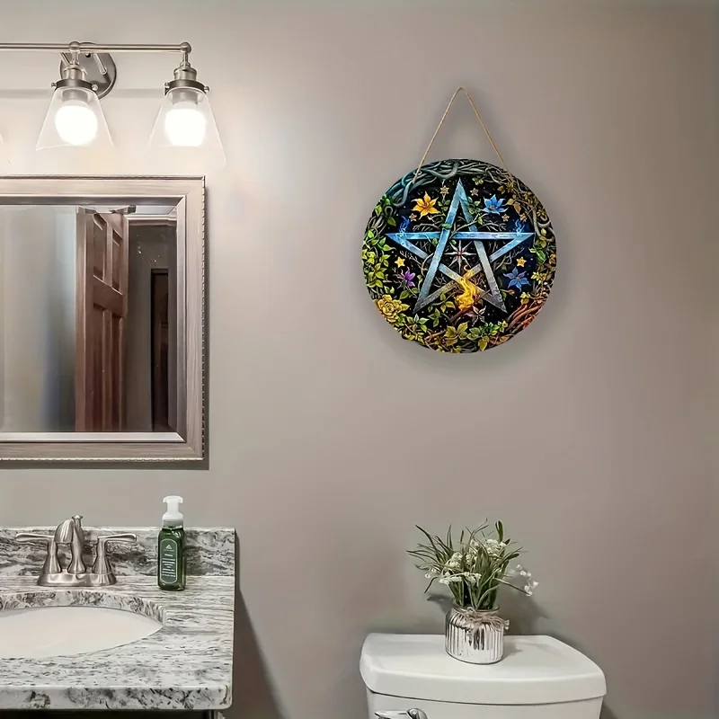 Acrylic Pentacle Sign,Rustic Circular Wall Hanging,Star Themed Art,For Home,Wall,Porch,Window,Living Room,Door,&Patio Decor