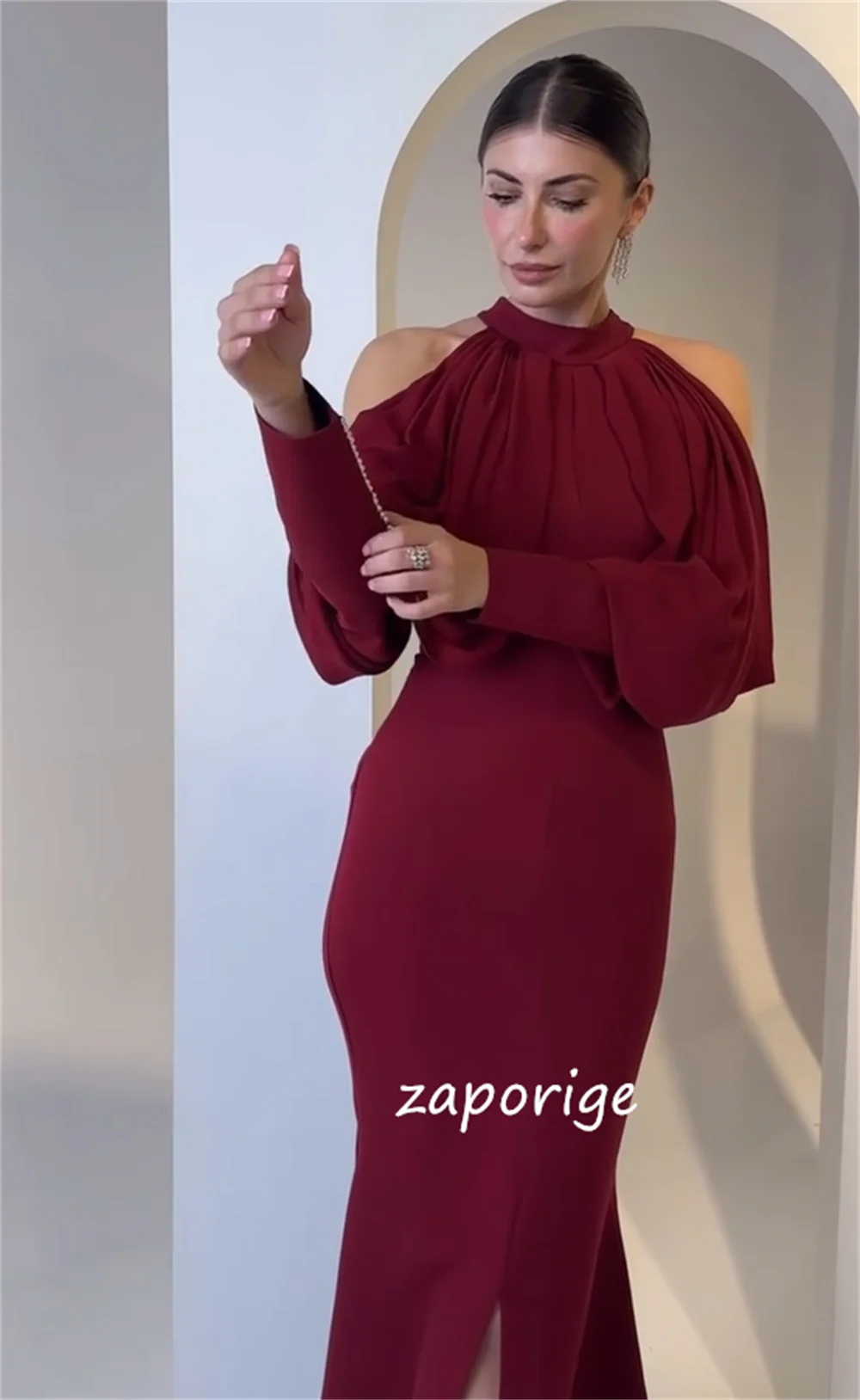 تخصيص أنيقة جيرسي زر الطية البوق الرسن فساتين طويلة مناسبة مخصصة مساء الأحجام الرسمية المتاحة