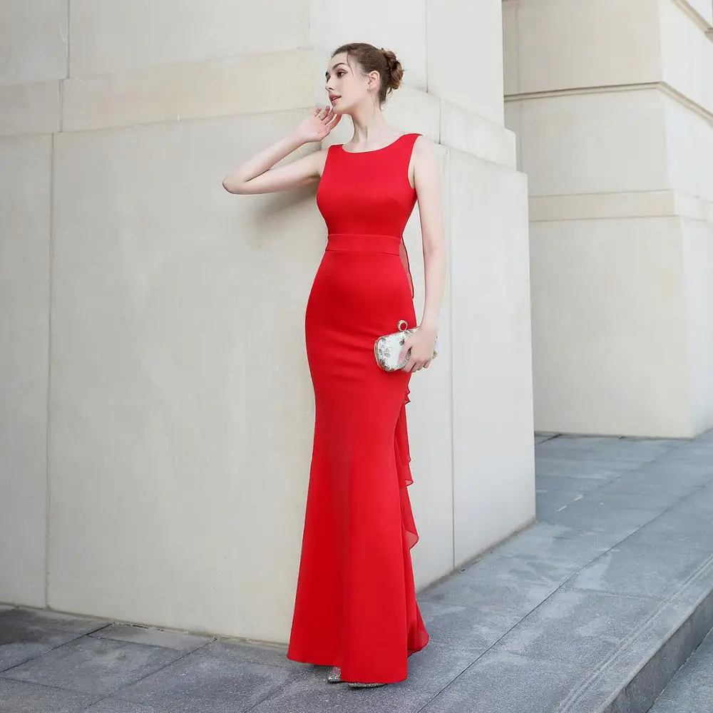 Sleeveless O-neck Evening Dress Flounces Mermaid Taffeta Formal Dress For Women Floor-length Robe De Soriee Sexy Backless Gowns