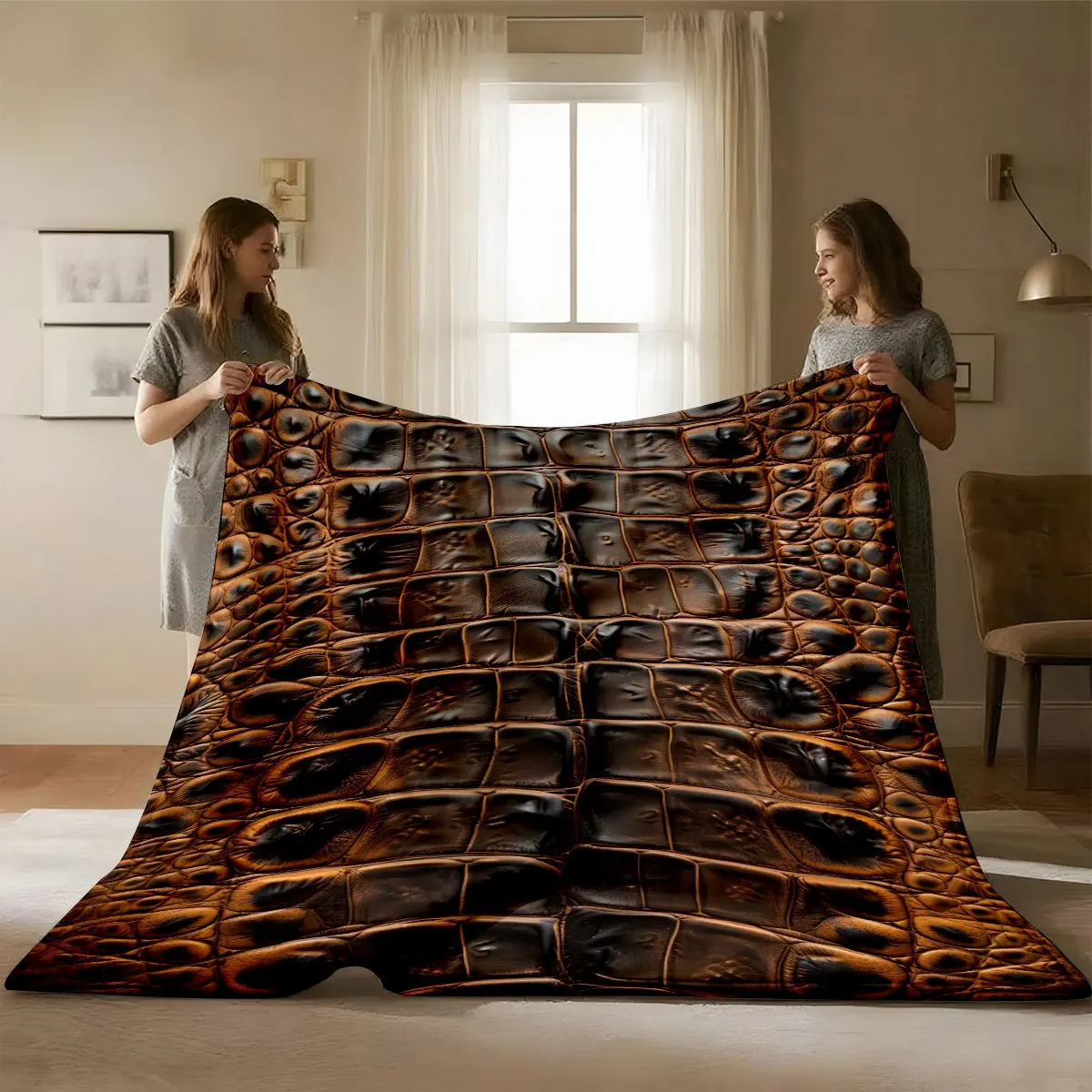 1pc 2D Flat Caramel-Colored Crocodile Embossed Printed Soft Warm Flannel Blanket