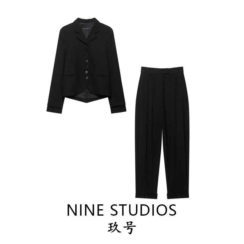 NINE ZAR Women's Suiting Jacket And Trousers Set Straight Tailoring Belted Pleated Long Sleeve Regular Length Autumn Fashion