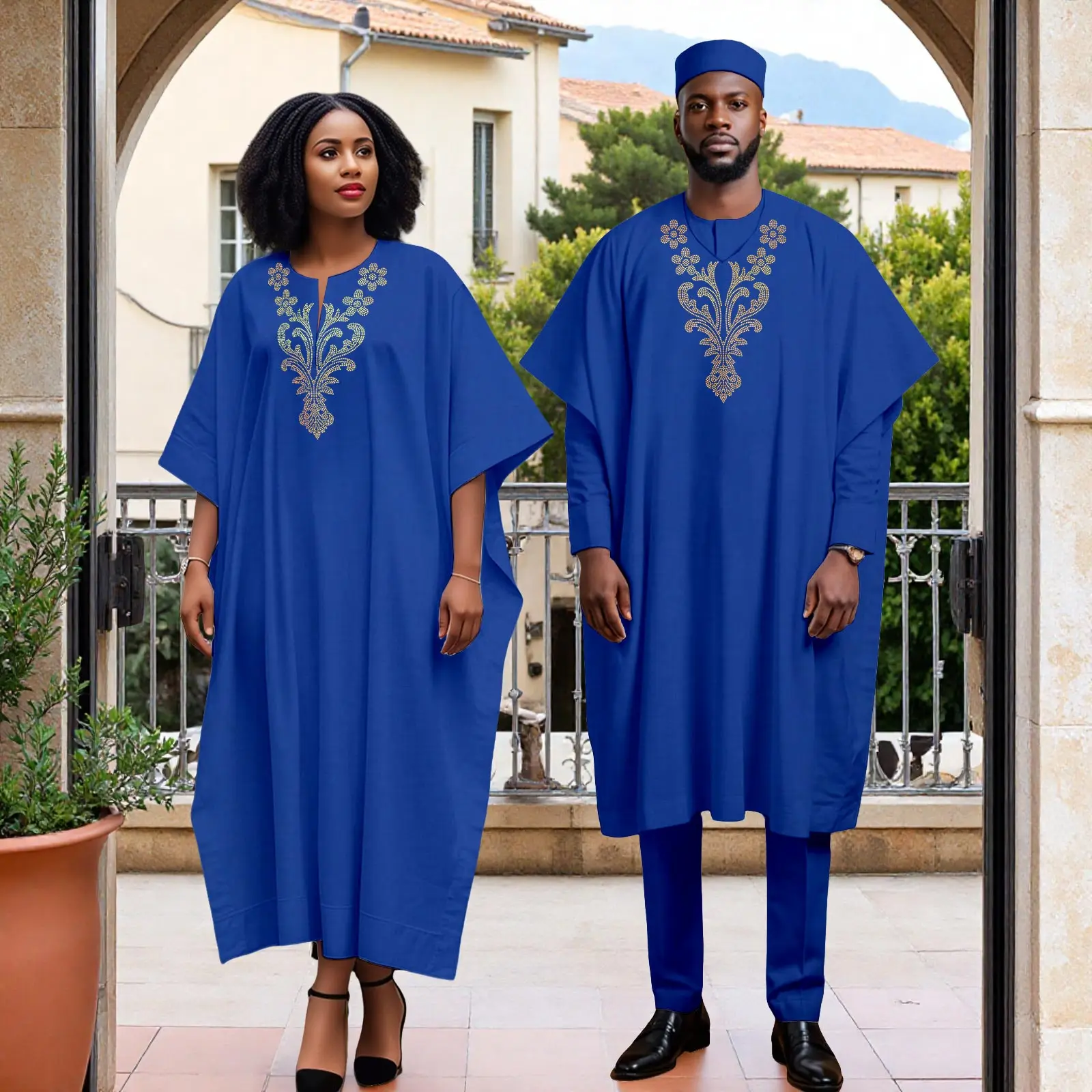 

DBQ Свадебная одежда для африканских пар, мужская рубашка Agbada из трех предметов, брючный костюм и женский костюм до щиколотки с аппликациями Agbada BDC059