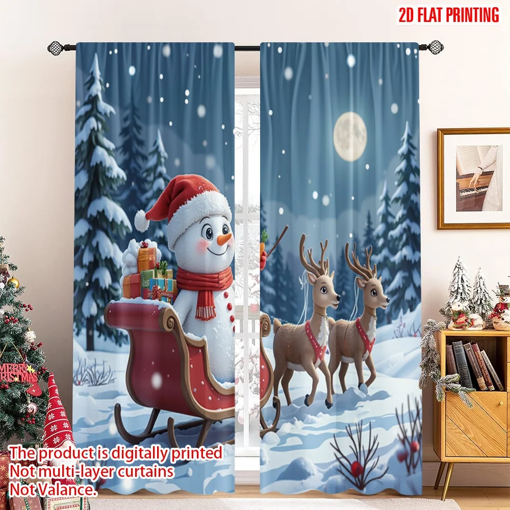 

2pcs 2D flat printing Christmas Curtain Christmas Snowman Sleigh Gifts 100% Polyester Without Electricity Holiday Decorations