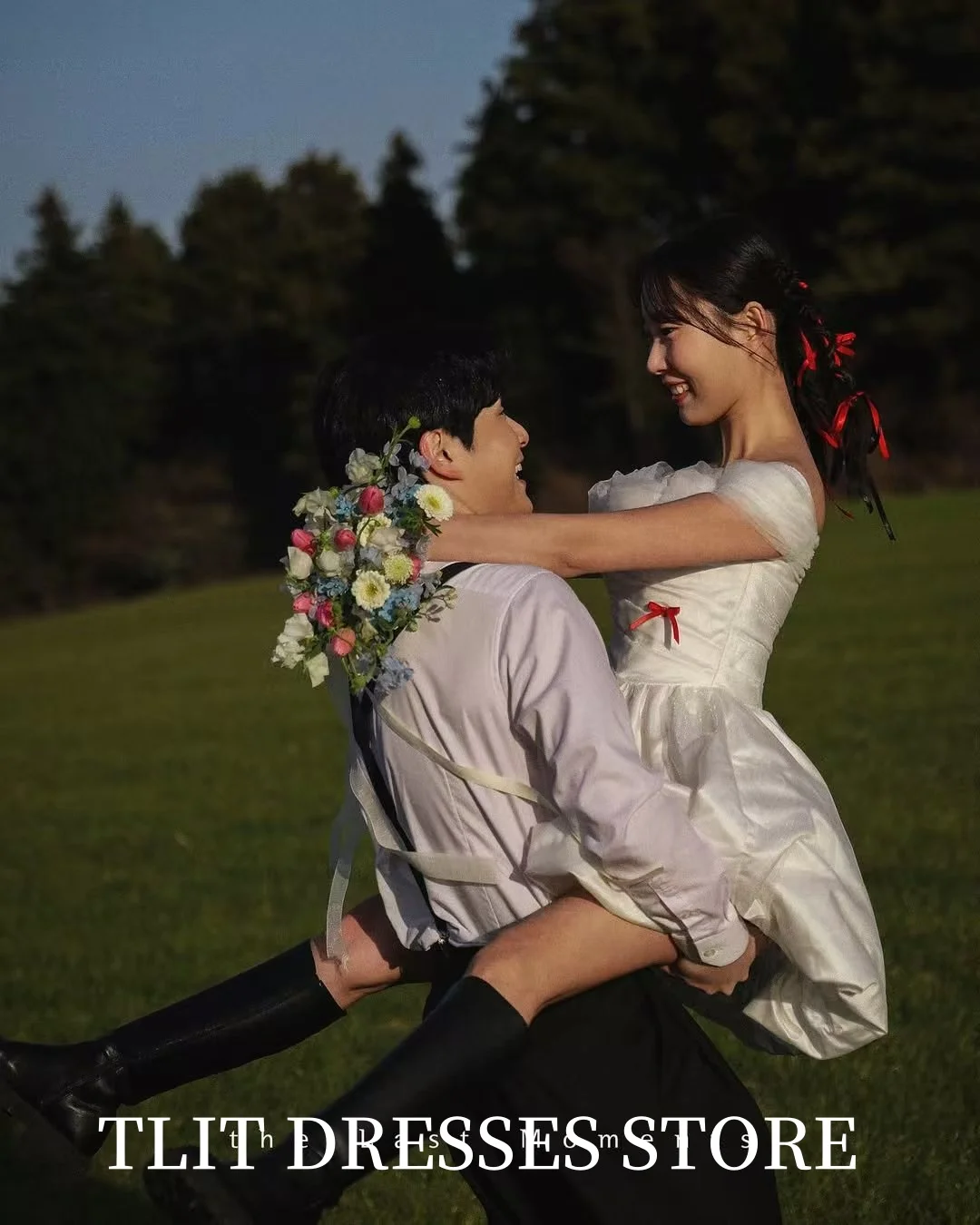 فساتين زفاف قصيرة من قماش التفتا الحريري الكوري من TLIT قبالة الكتف فستان زفاف أنيق لالتقاط الصور مصنوع حسب الطلب للعروس