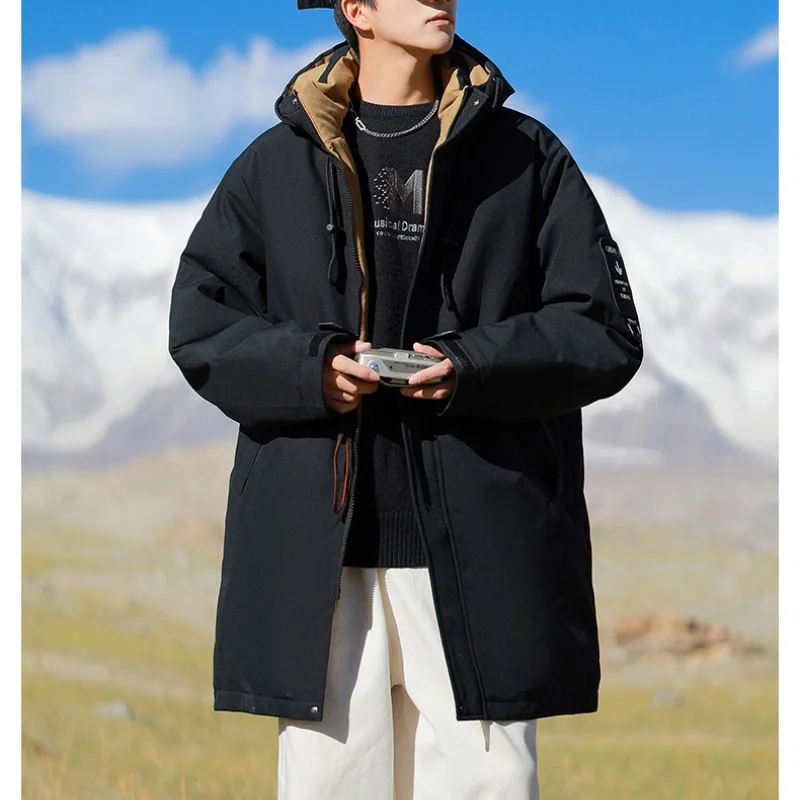 Men's Winter Thickened Fleece Mid-Length Cotton-Padded Jacket Outdoor Sports Hooded Mountaineering Warm Workwear Couple Clothing