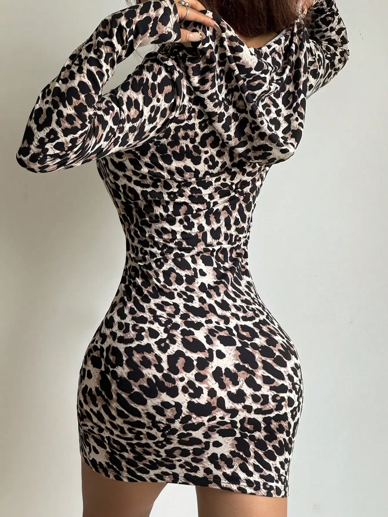 Leopard Print Hooded Bodycon Dress, Fashionable Casual Dress, Letter Knit