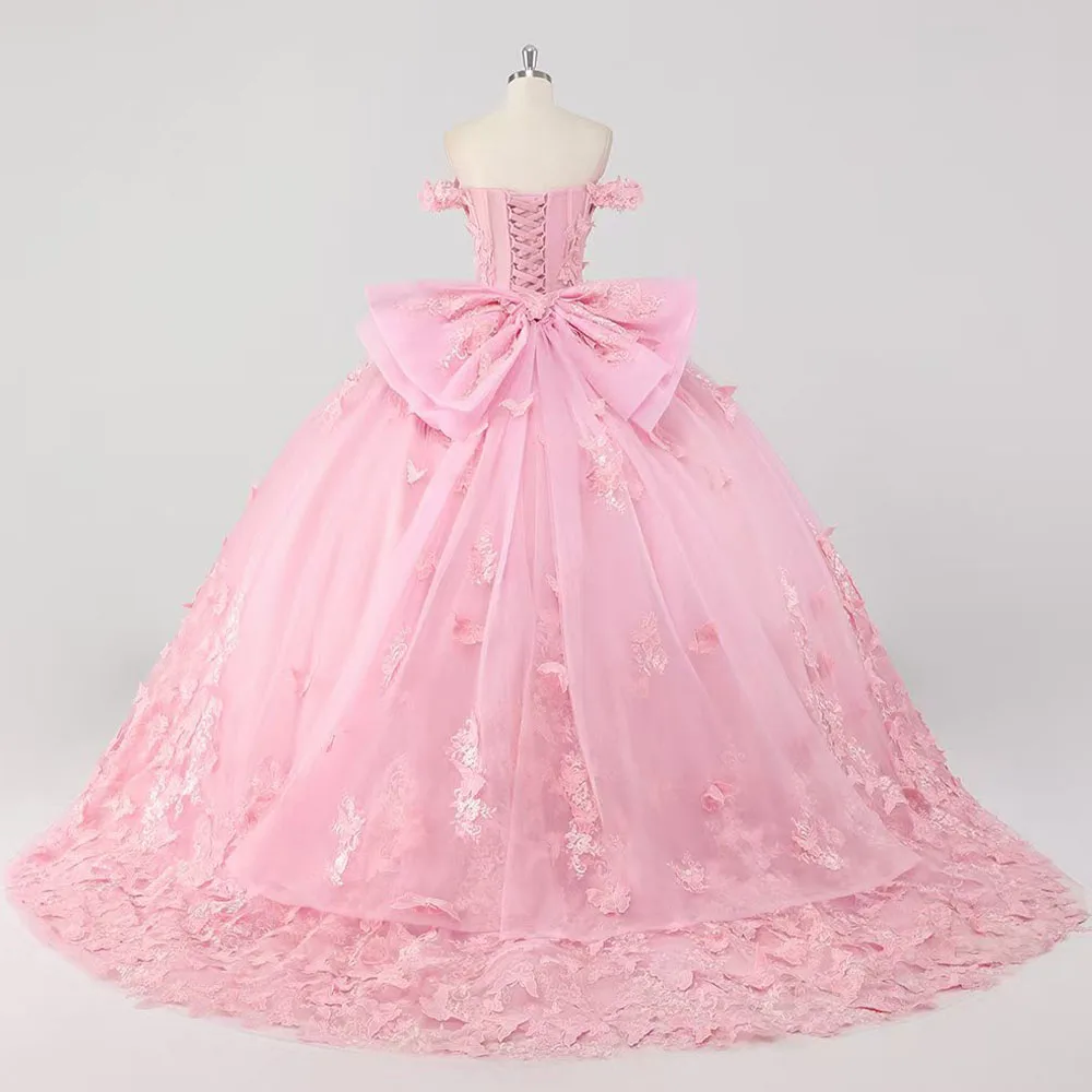 Abito da cerimonia nuziale rosa con spalle scoperte e applicazioni in tulle con scollo a cuore personalizzato di alta qualità per le donne