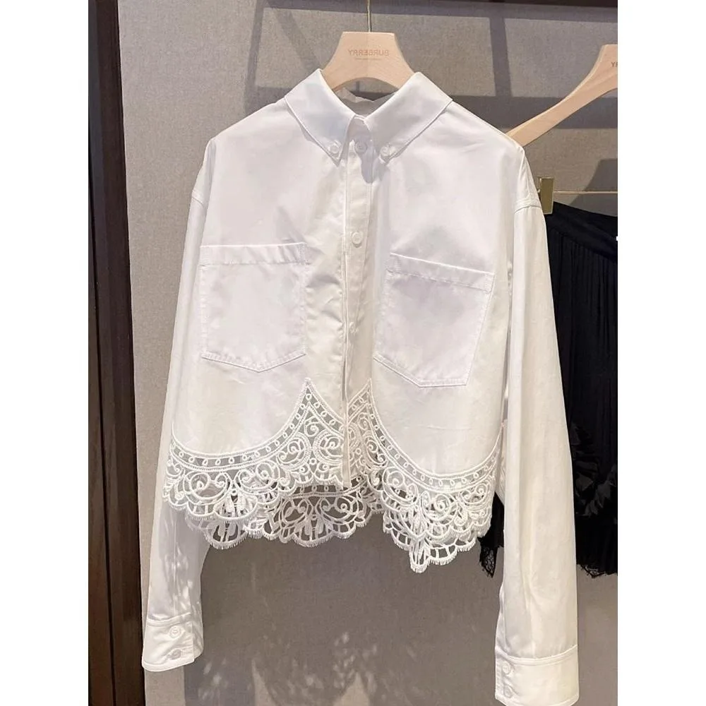 

White Embroidered Blouse for Women Long Sleeve Loose Top Office Casual Wear Lace Patchwork Ladies Shirt plus Size