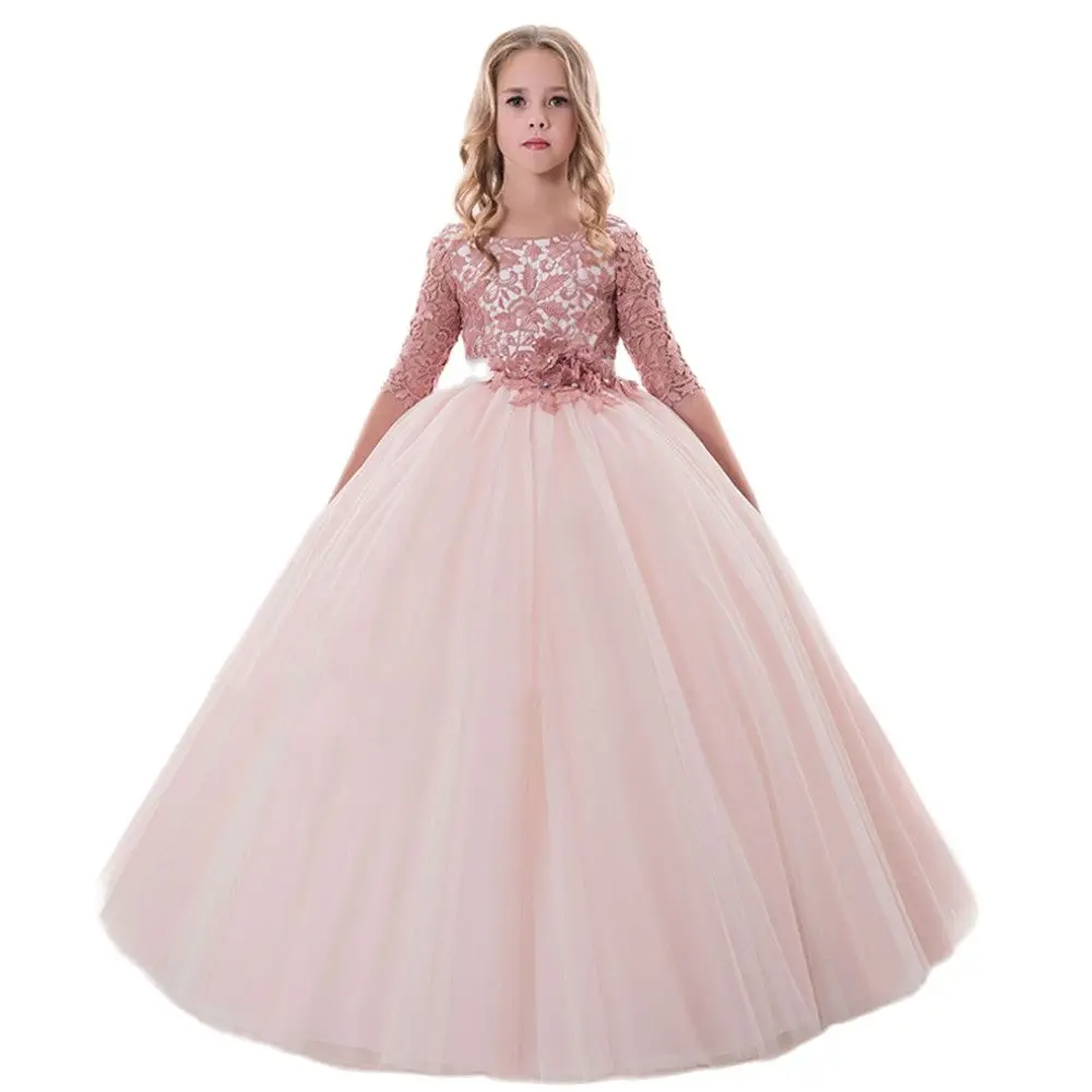 

pink mesh flower girls dress vestido nina long ball gowns for kids fantasia infantil para menina little girls dresses 2-12years