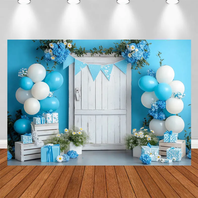 

LS Photography Background Vintage White Wooden Door Balloon Floral Decor Birthday Cake Smash Kids Portrait Photo Backdrop Studio
