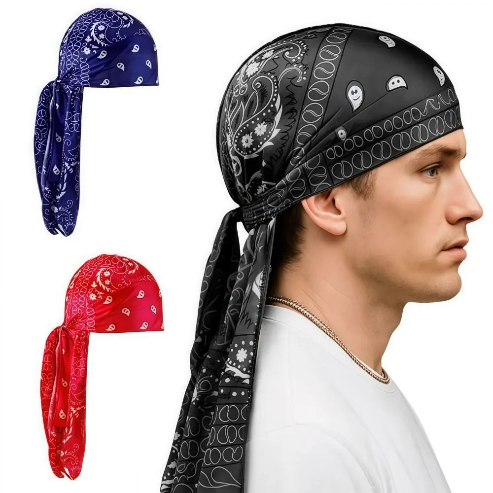 Fashion Amoeba Print Men's Headscarf Breathable Lightweight Long Tail Pirate Cap Wave Print Imitation Silk Cycling Hat Outdoor