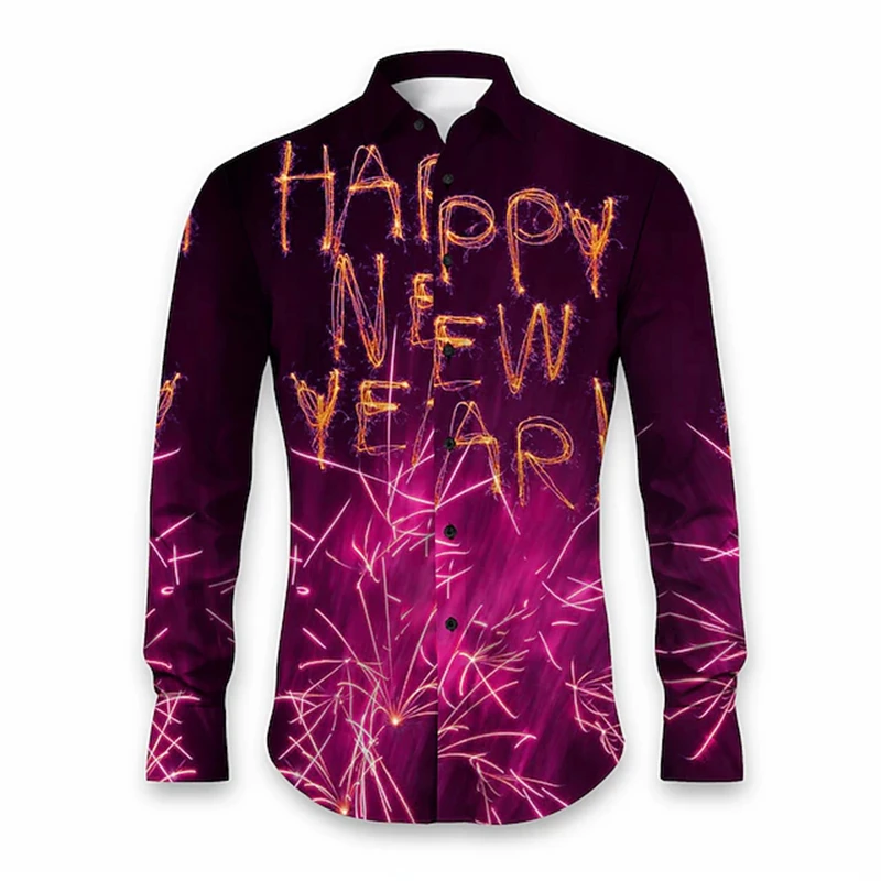 

New Simple Personality Men's Shirt Fireworks Colourful Design Long Sleeve Fashion Party Pop Top Happy New Year Pattern Shirt