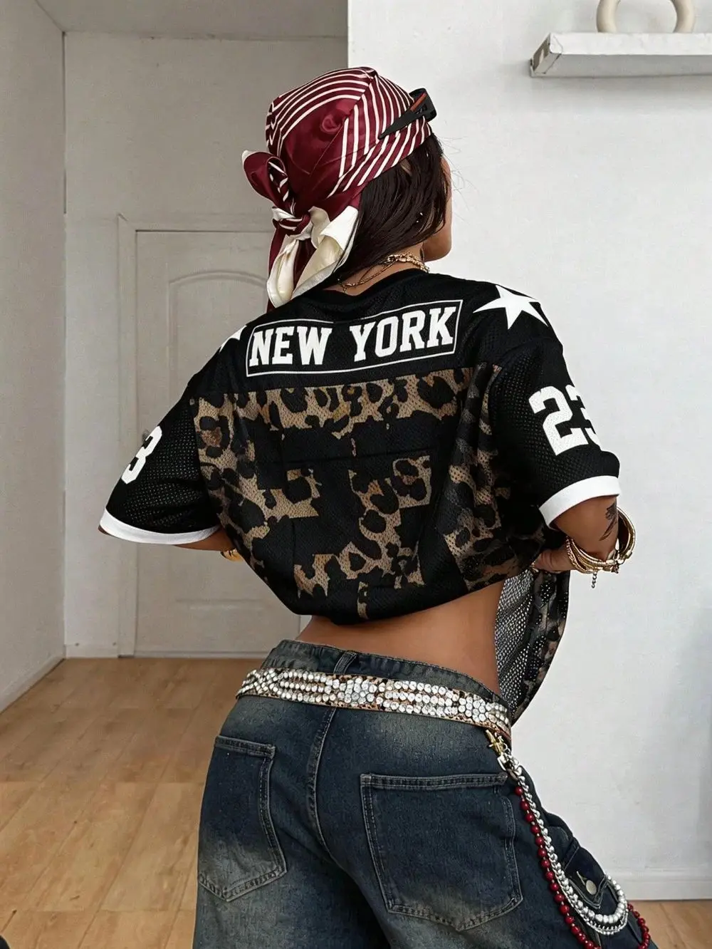 Women Mesh  No.23 Letter Leopard  Print Y2K Fashion Summer New Oversize Streetwear Breathable Graphics Comfy Sport  Top
